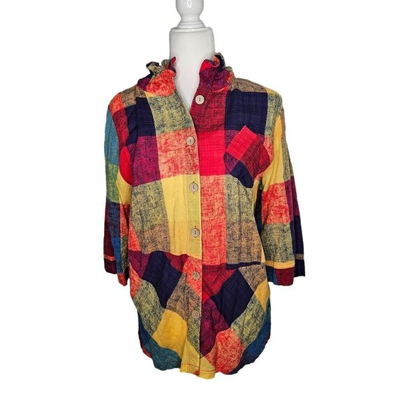 TERRA SJ Apparel Patchwork Multicolor Button Shirt Ruffle Collar Tunic Large - Picture 3 of 13